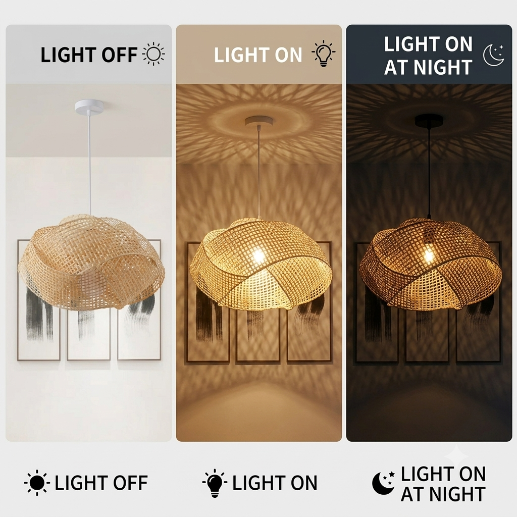 Modern Japandi sculptural pendant light, bamboo finish for minimalist rooms, sculptural frame.