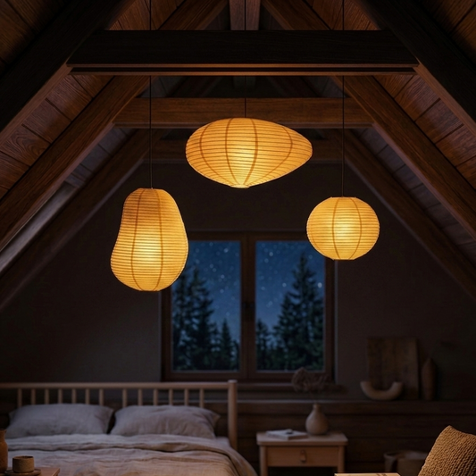 Minimalist Japandi rice paper hanging light with warm glow