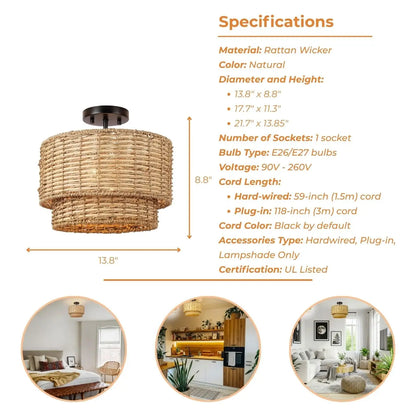 Japandi minimalist seagrass ceiling fixture, blending clean design with natural textures for a zen-inspired home