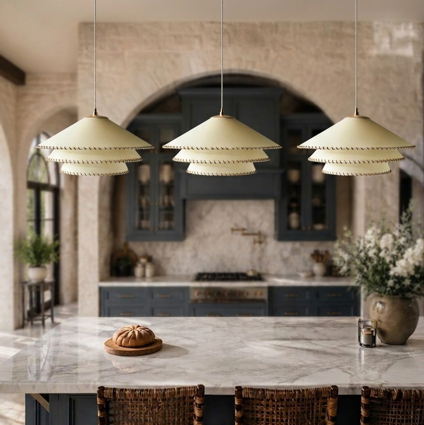 Minimalist Japandi stitched shade pendant for an elegant kitchen island
