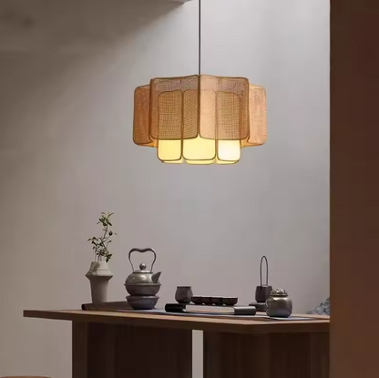 Zen-inspired Japandi pendant lamp, organic rattan for modern home decor, tiered shape.
