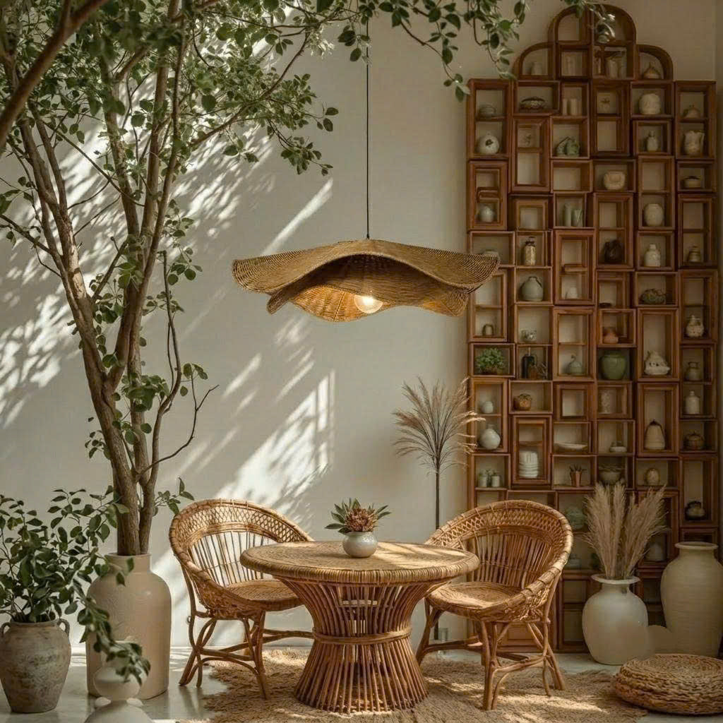 Zen-inspired Japandi pendant lamp, organic rattan for modern home decor, wavy shape.