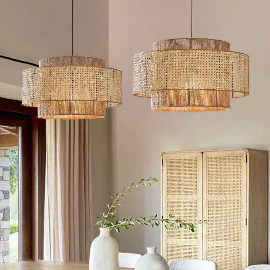 Japandi inspired tiered rattan chandelier fixture