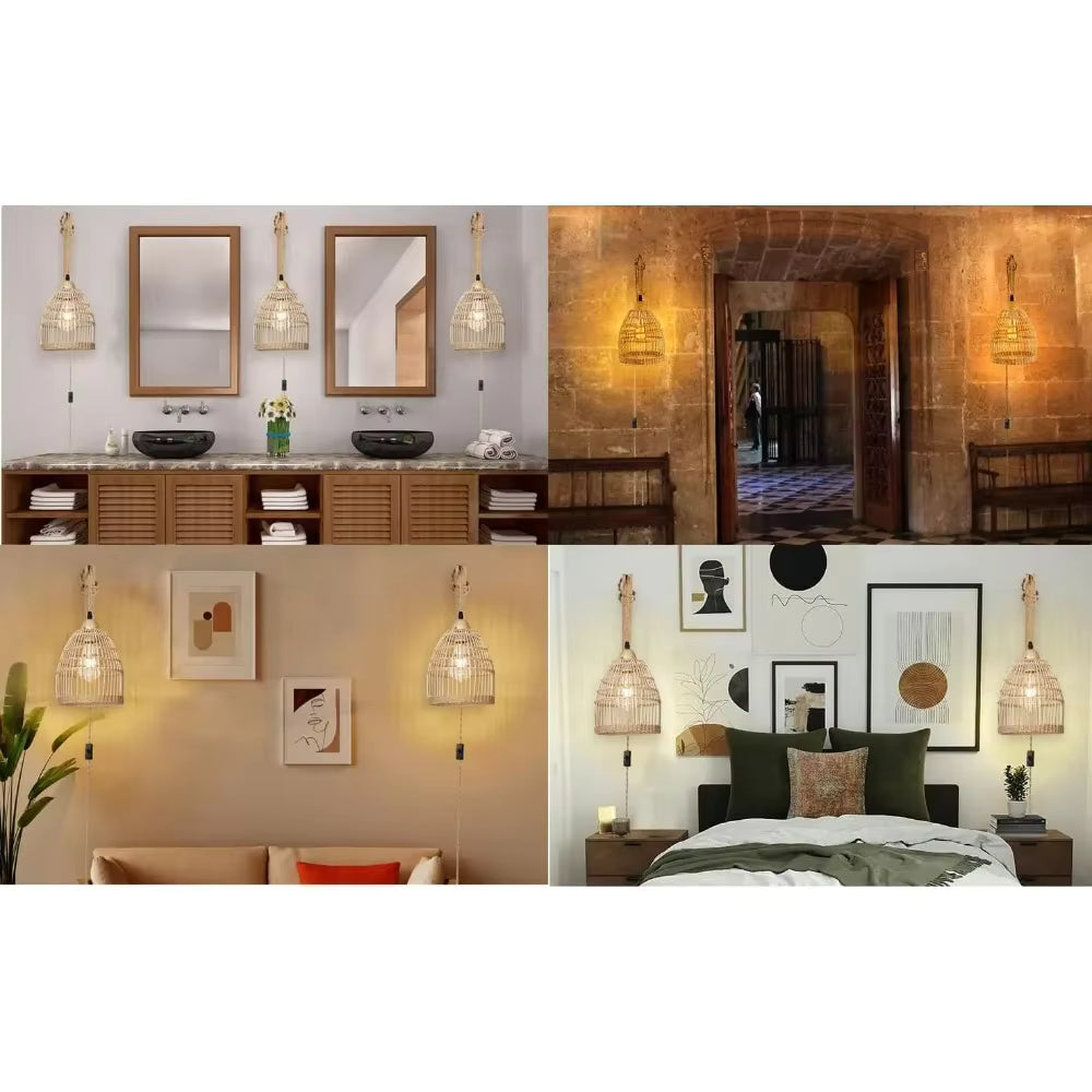 A four-panel collage showing woven pendant light fixtures in different interior settings: above a double vanity, in a rustic stone hallway, above a bed, and on a beige wall with framed art. The lights have a natural straw or reed look and are shown illuminated in warm ambient lighting.