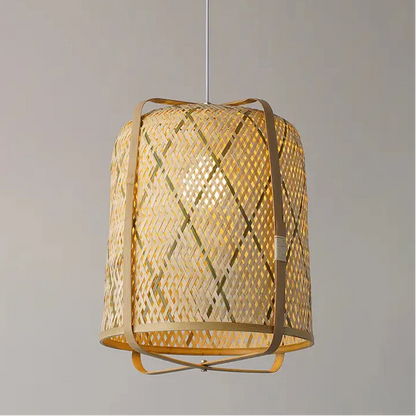 Japandi decor pendant light, organic bamboo design for serene minimalist living, cylinder frame.