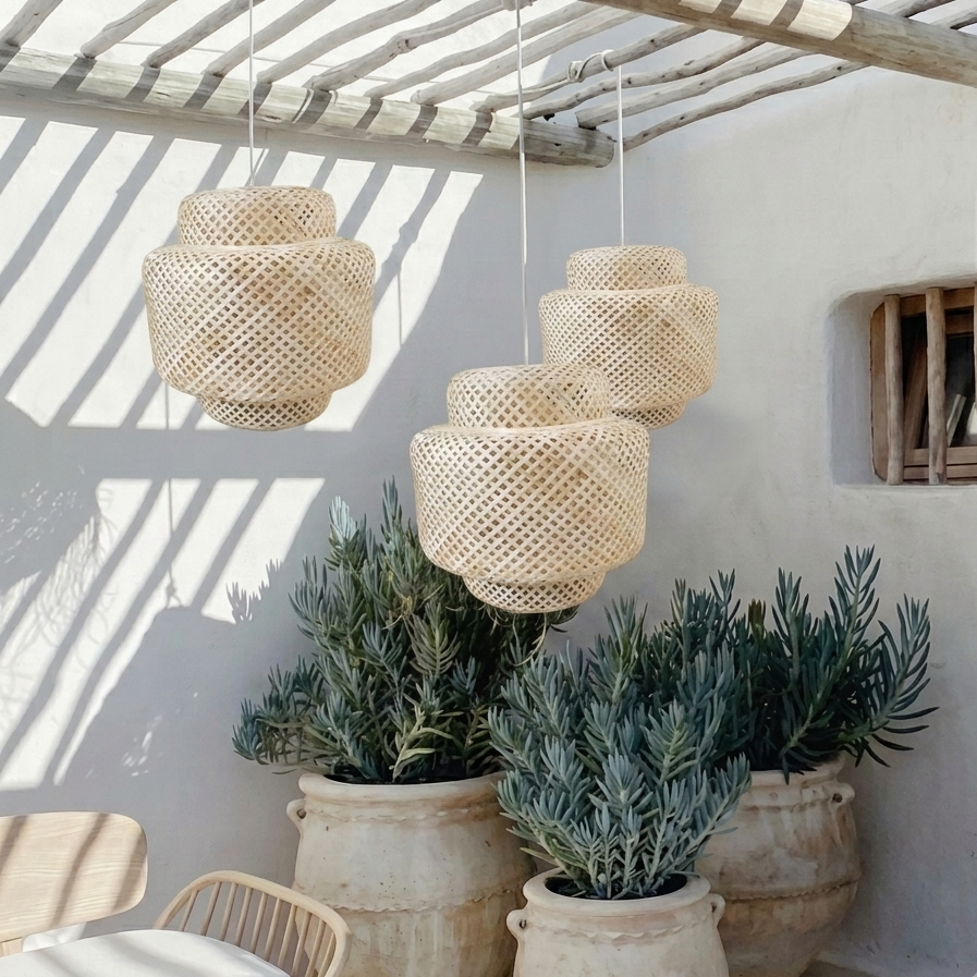 Outdoor garden patio lighting, bamboo pendant lamp for scenic home relaxation.