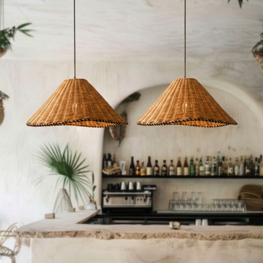 Minimalist Japandi rattan pendant lighting above a kitchen island bar