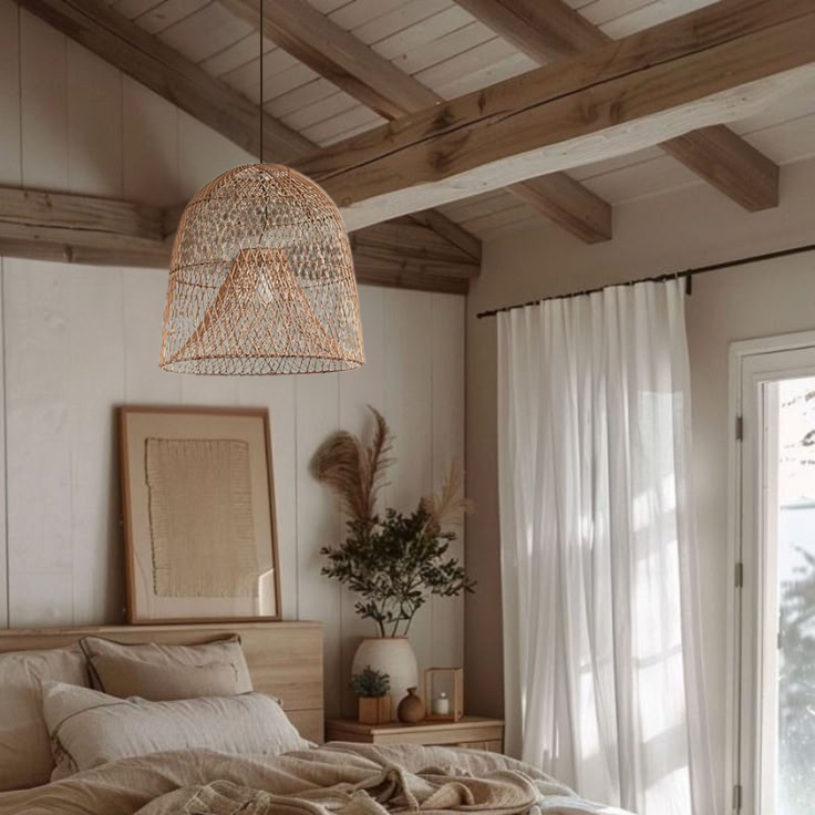 Japandi style open-weave bedroom hanging lamp for minimalist rest spaces