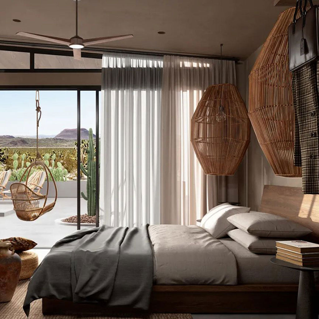 Minimalist Wabi-Sabi bamboo light shade displaying rich earthy brown tones that complement rustic wooden furniture.