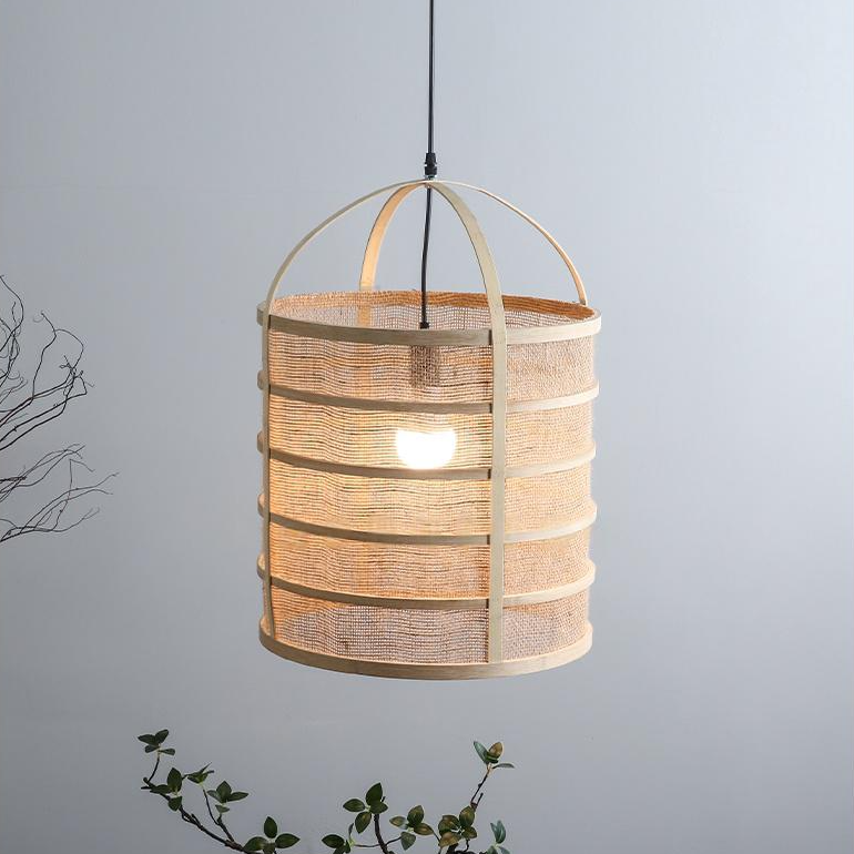 Japandi aesthetic pendant light, wabi-sabi burlap design for zen home spaces.
