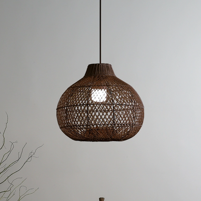 Japandi aesthetic pendant light set, wabi-sabi rattan design for zen home spaces.