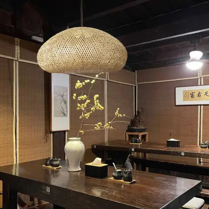 Japandi decor pendant light, organic wicker design for serene minimalist living.
