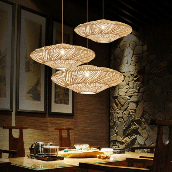 Aesthetic wicker chandelier set of two casting ambient warm light, perfect for a cozy living room decor