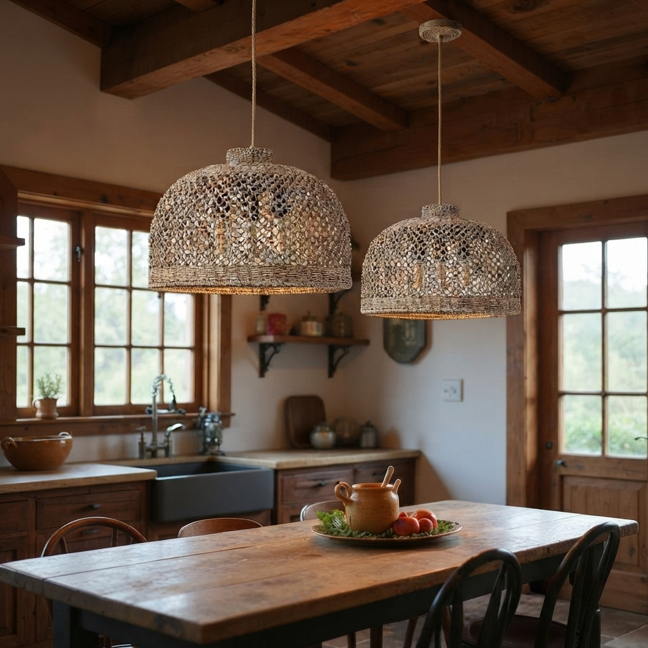 A large jute woven pendant light centered above a dining room table.