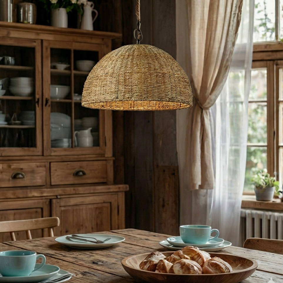 A large jute woven pendant light centered above a dining room table.