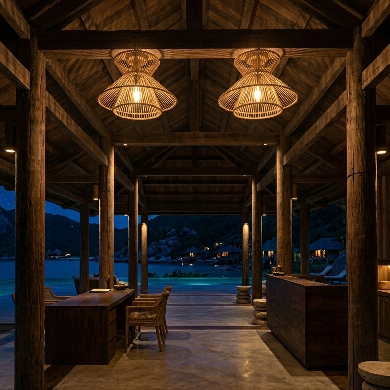 Large, dramatic hemp light making a bold design statement in a high-end boutique resort hotel lobby.
