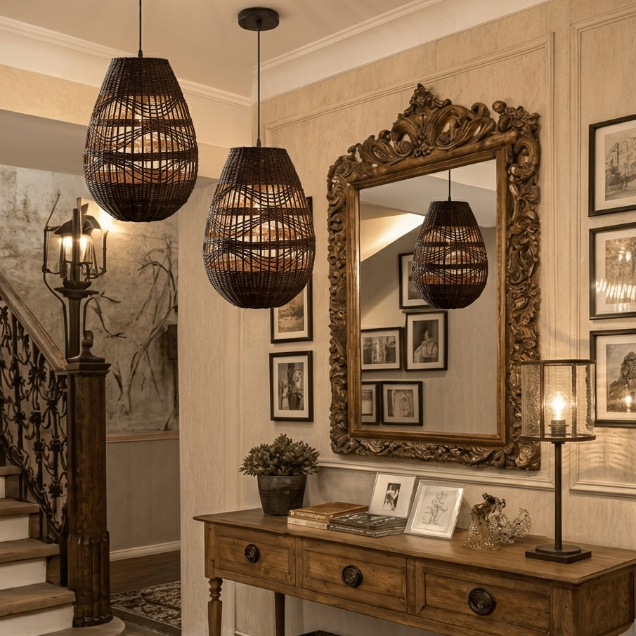 Large rattan fixture making a grand design statement in a boutique hotel lobby or reception area.
