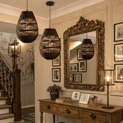 Large rattan fixture making a grand design statement in a boutique hotel lobby or reception area.