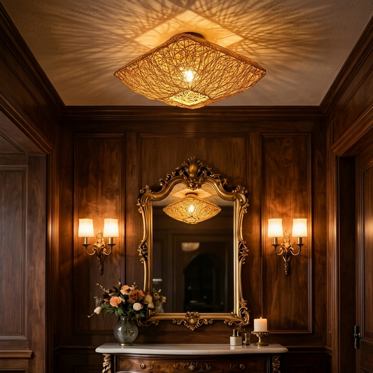 Large rattan fixture making a grand design statement in a boutique hotel lobby reception.