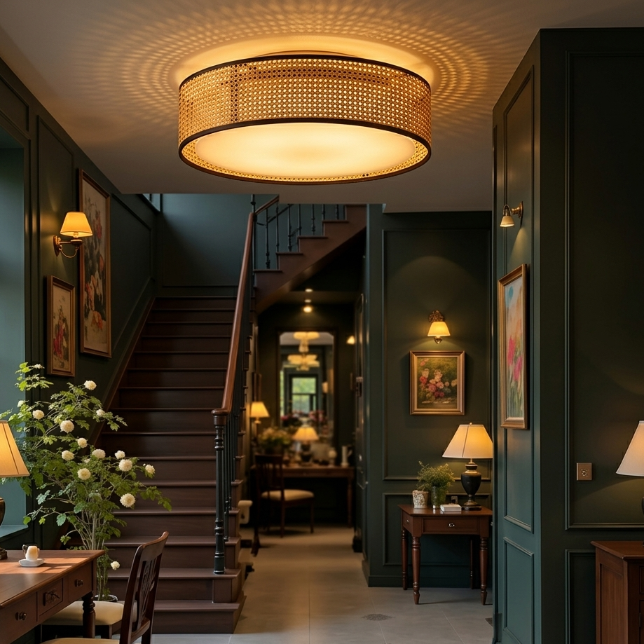 Large rattan fixture making a grand design statement in a boutique hotel lobby Staircase reception area.