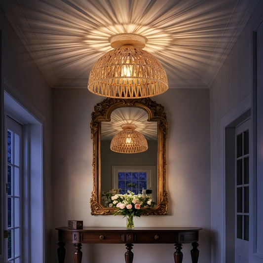 Large, dramatic rattan rope pendant making a bold statement in a grand hotel or boutique lobby.