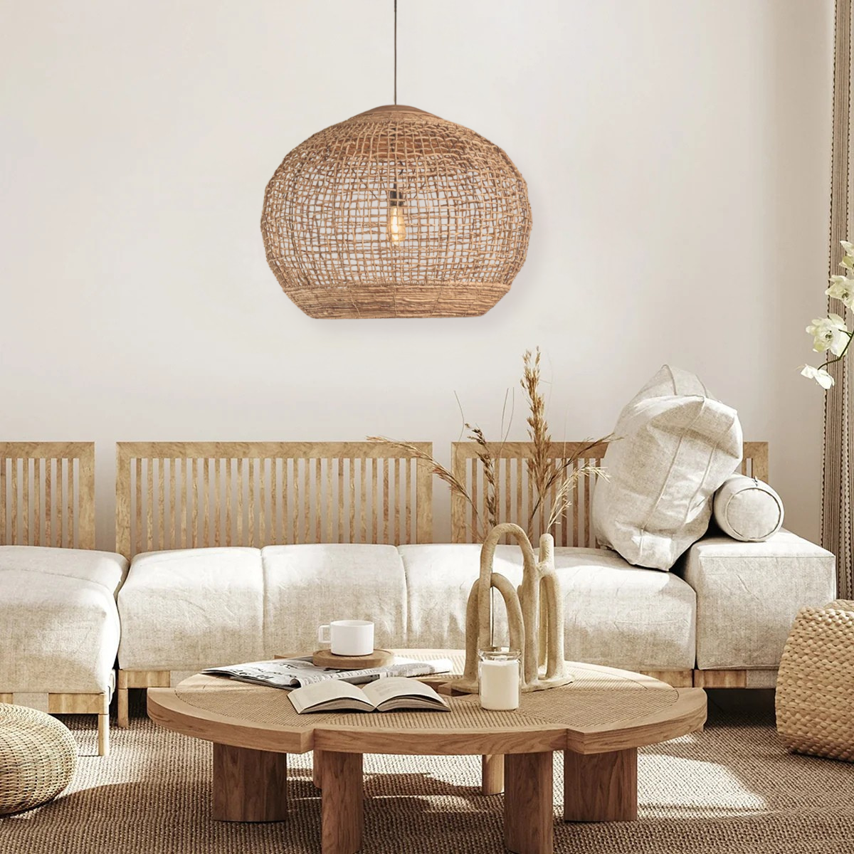 Large round rattan pendant lamp enhancing living room home decor