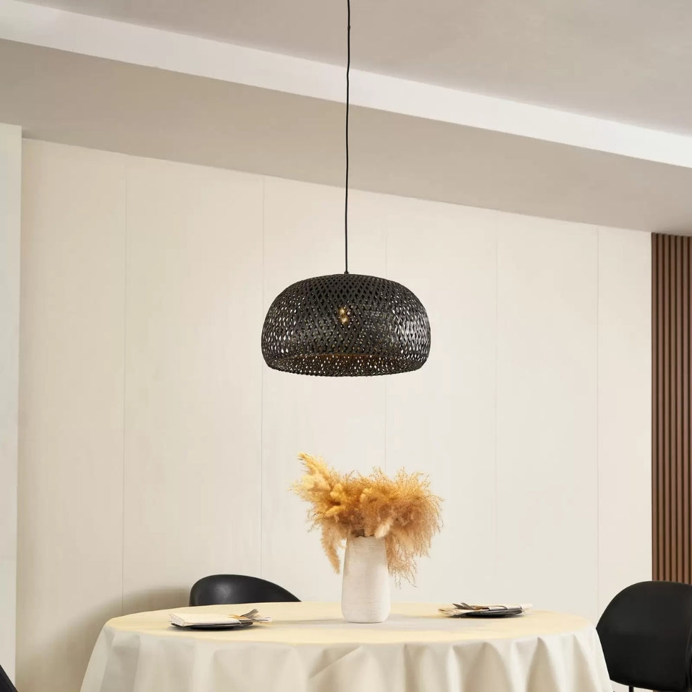 Large woven dome light fixture creating a statement in home decor