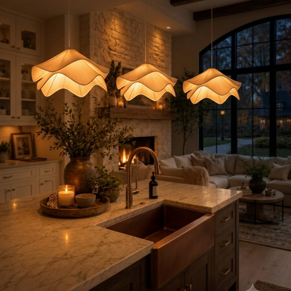 Soft layered fabric pendant light for kitchen island or breakfast bar
