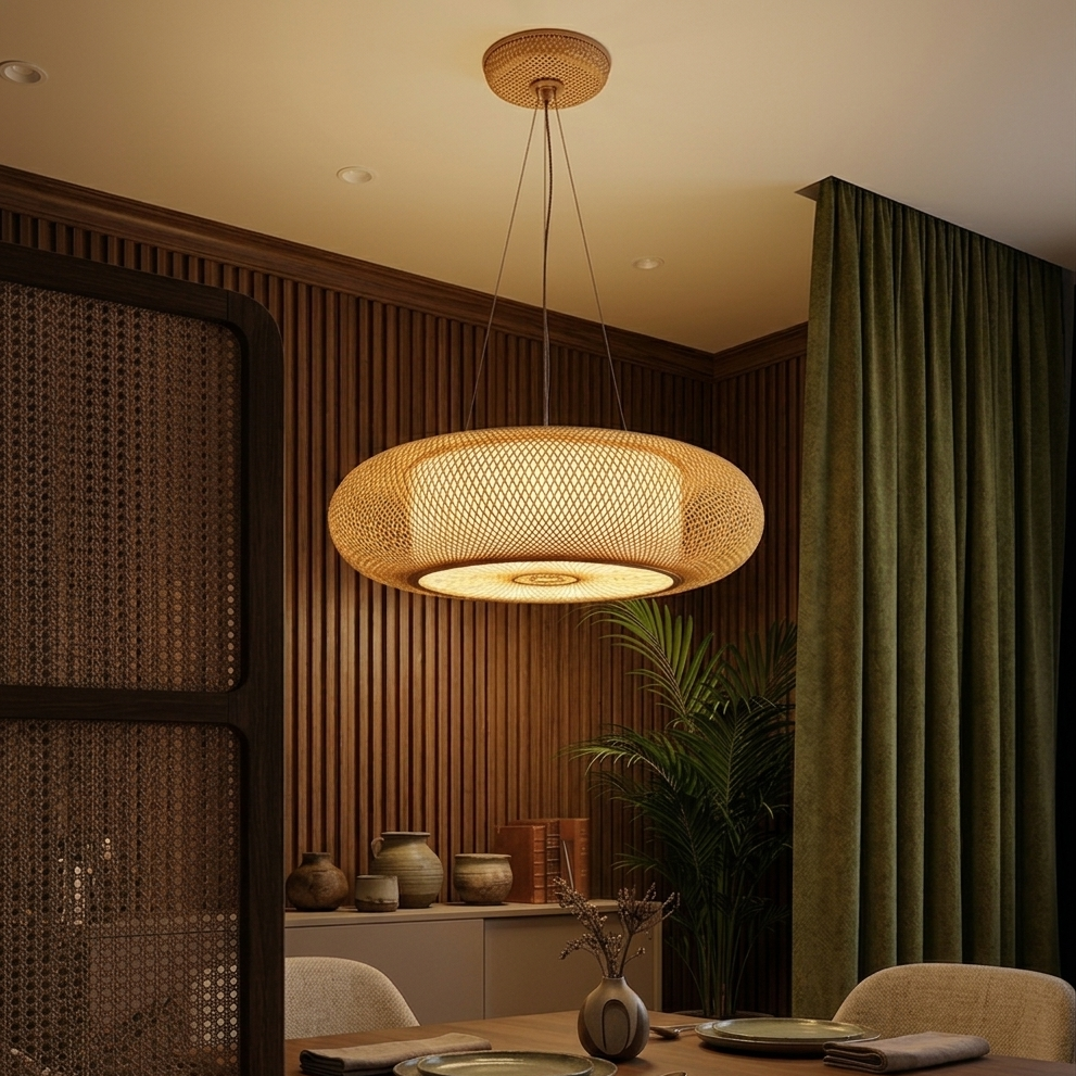 Low profile wicker pendant shade with a multi-wire suspension system glowing beautifully against a plain ceiling.