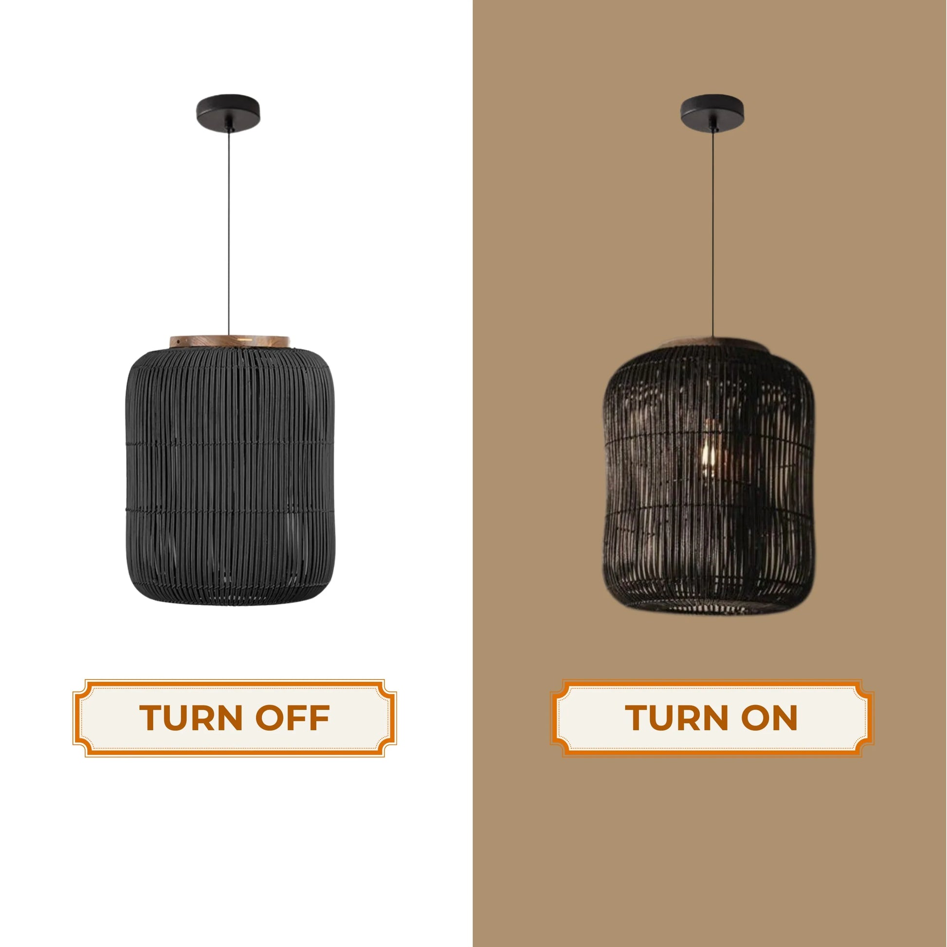 Mid-century modern woven pendant set in black finish styled with a tropical indoor plant leaf in the foreground.