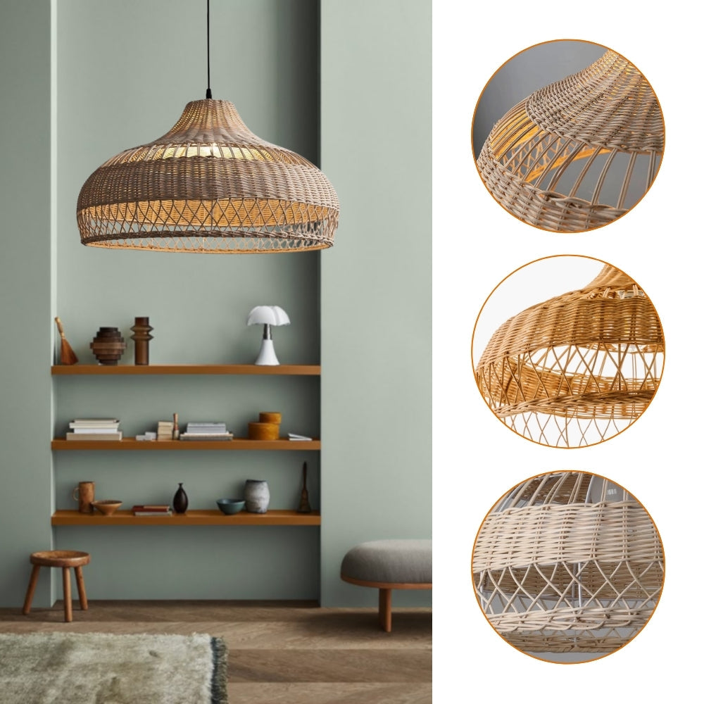 Modern Nordic wicker ceiling fixture shaped like an organic bell dome, emphasizing raw architectural lines and warm minimalism.