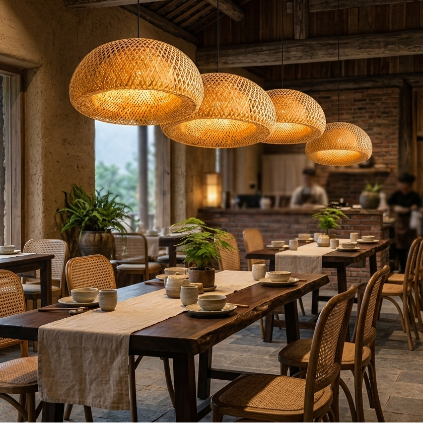 Luxury handwoven bamboo resort pendant light for tranquil tropical hotel decor