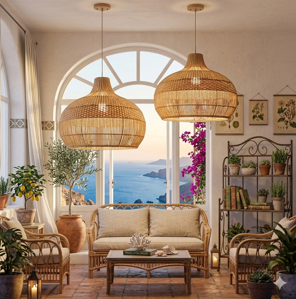 Two-tone rattan dome chandelier creating a luxurious statement focal point in a high-ceiling living room with neutral modern furniture
