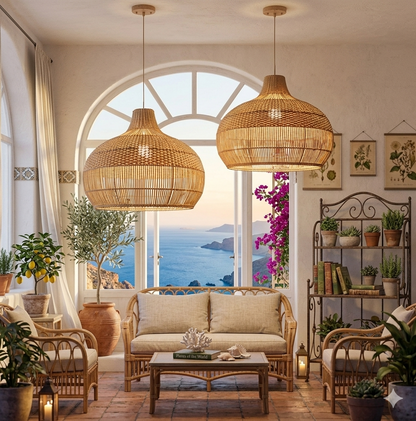 Two-tone rattan dome chandelier creating a luxurious statement focal point in a high-ceiling living room with neutral modern furniture