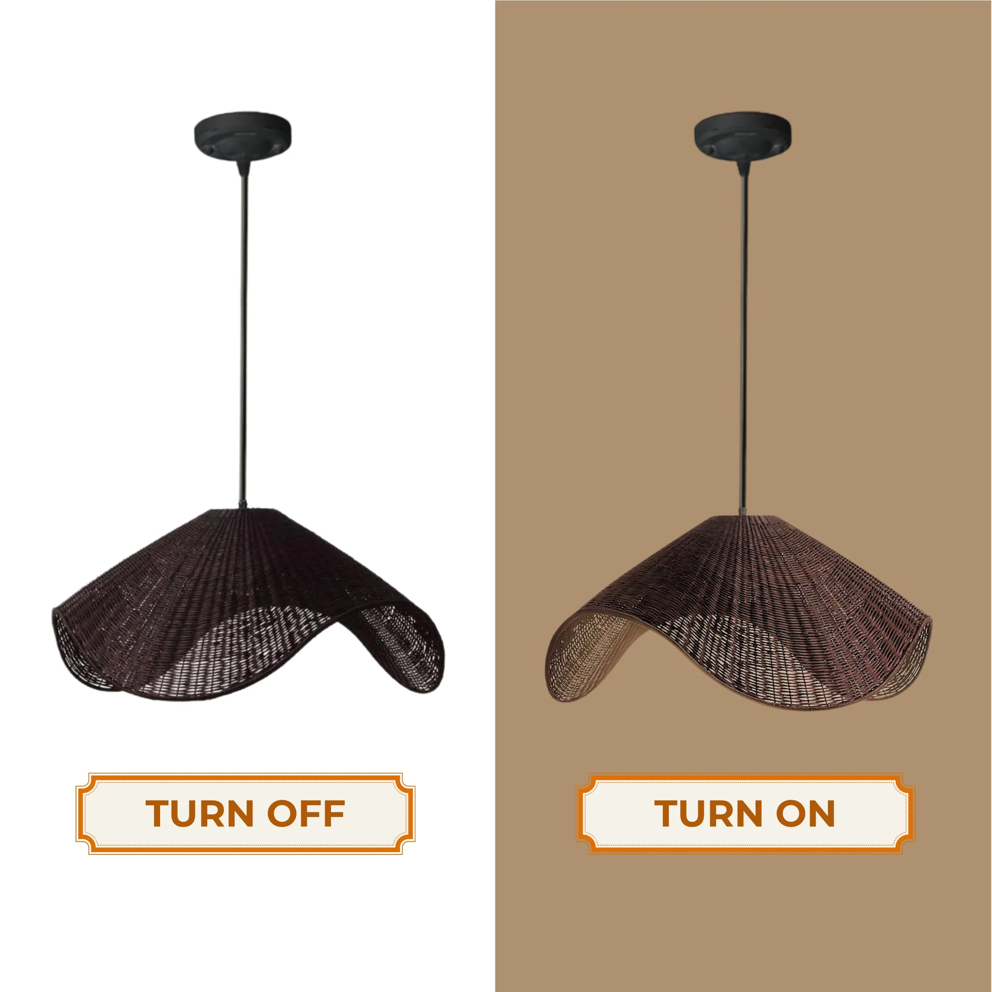 Matte black handwoven rattan pendant light with unique wavy organic texture
