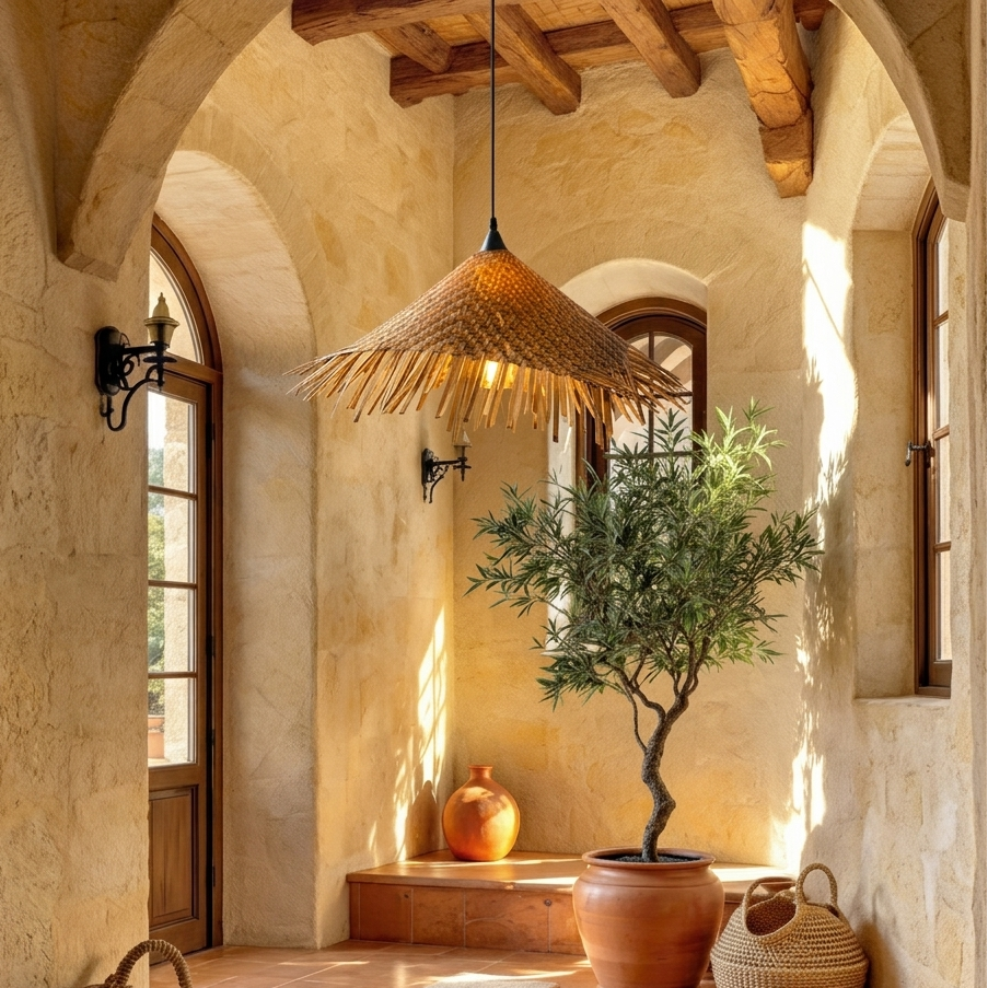 A Mediterranean coastal inspired bamboo cone light, perfect for adding a sun-drenched villa aesthetic.