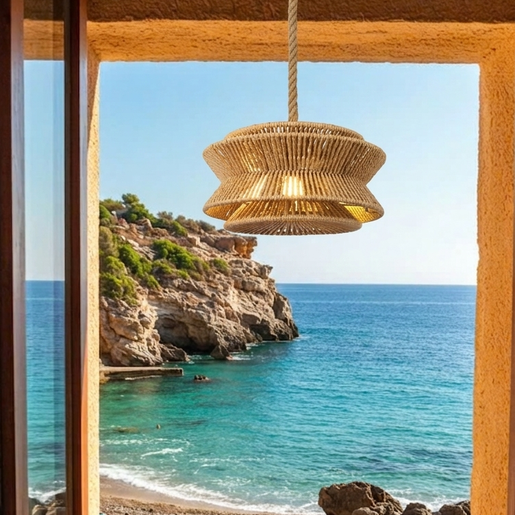 A Mediterranean coastal inspired hemp ceiling fixture, perfect for creating a relaxed, resort-style ambiance in a beach house interior.