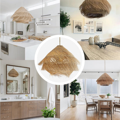 Mediterranean palm fiber pendant light throwing a wild, warm aesthetic ideal for eco-friendly home decor.