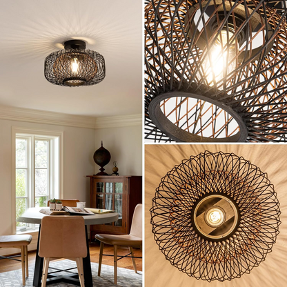 Mid-century industrial mesh ceiling light blending classic and modern design elements.