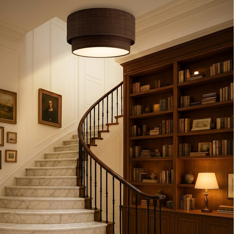 Mid-century inspired rattan flush mount, combining vintage texture with a clean and modern lamp form.