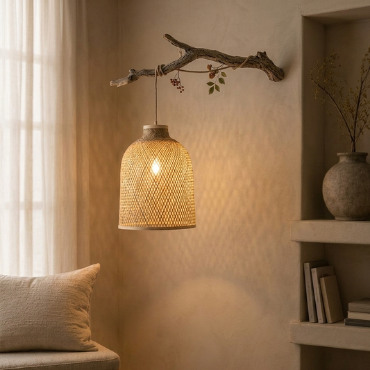 Mid-century organic bamboo ceiling fixture blending classic charm with modern woven textures.
