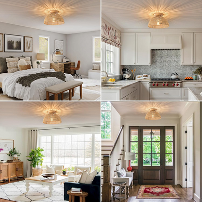 Mid-century organic ceiling fixture blending classic charm with modern natural rattan rope textures.