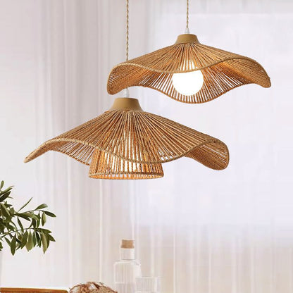 Mid-century organic hemp ceiling fixture blending classic charm with modern textures.