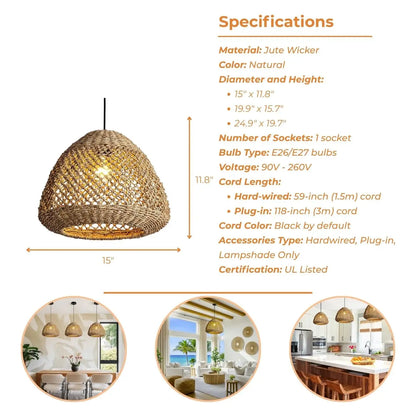 Mid-century organic jute ceiling fixture blending classic charm with modern woven textures.