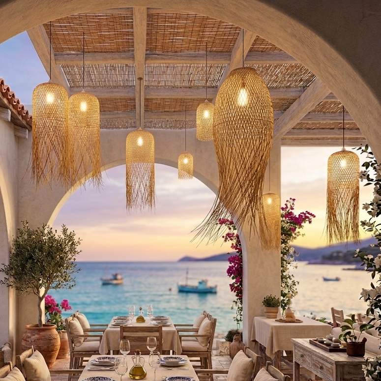 Minimalist woven bamboo fringe hanging lamp for high-end restaurant decor