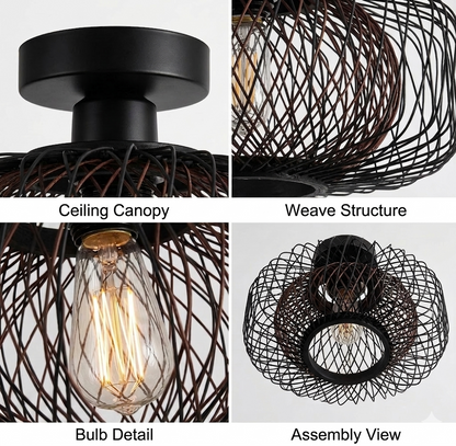 Minimalist black rattan flush mount ceiling lamp providing a sleek aesthetic look.