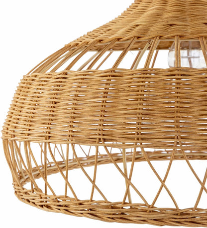 Minimalist flared bamboo ceiling light hanging from a clean black cord, displaying a textured natural tan fiber finish.