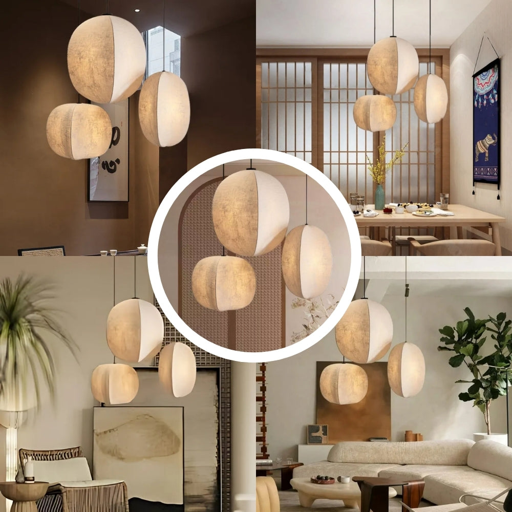 Minimalist Japandi fabric sphere pendant lights in soft warm lighting
