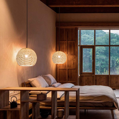 Minimalist Japandi style woven rattan dome light for modern bed room decor