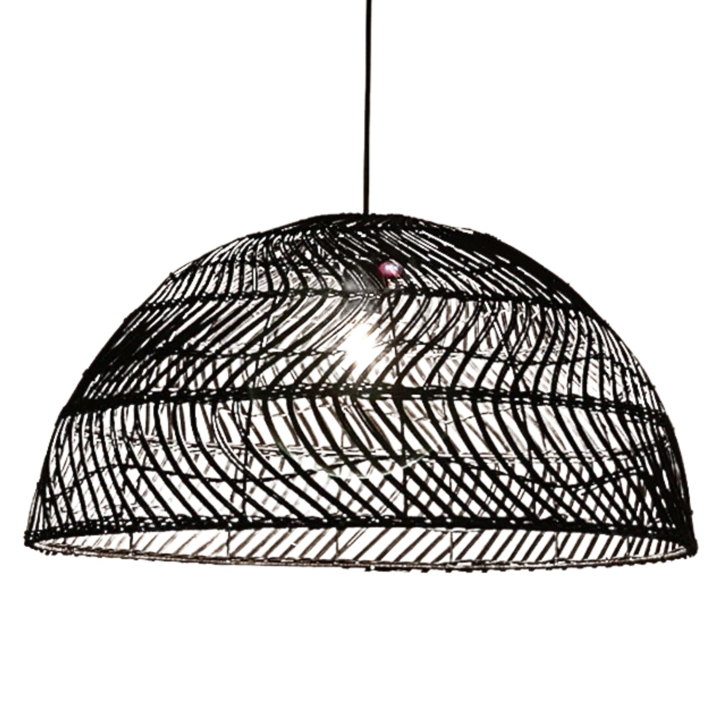 Contemporary earthy ceiling chandelier with three staggered open-weave dome shades reflecting comfortable amber illumination